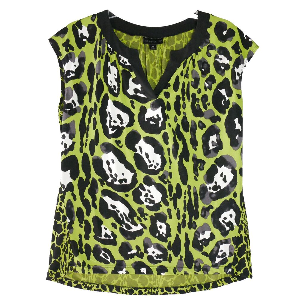 Worthington Top Womens Size M Green Animal Print Cap Sleeves Pullover